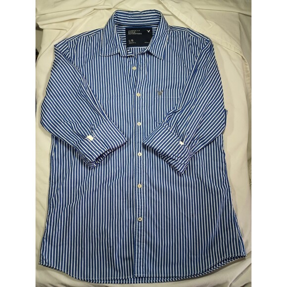American Eagle Outfitters L  Button Up Shirt Mens Blue Striped Hipster Academia - Picture 1 of 5